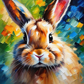 knife oil painting of mini lop rabbit in the style of leonid afremov and degas, featuring vibrant, textured brushstrokes.