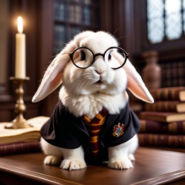 mini lop rabbit as harry potter, with glasses and hogwarts setting, capturing the magical and epic essence.