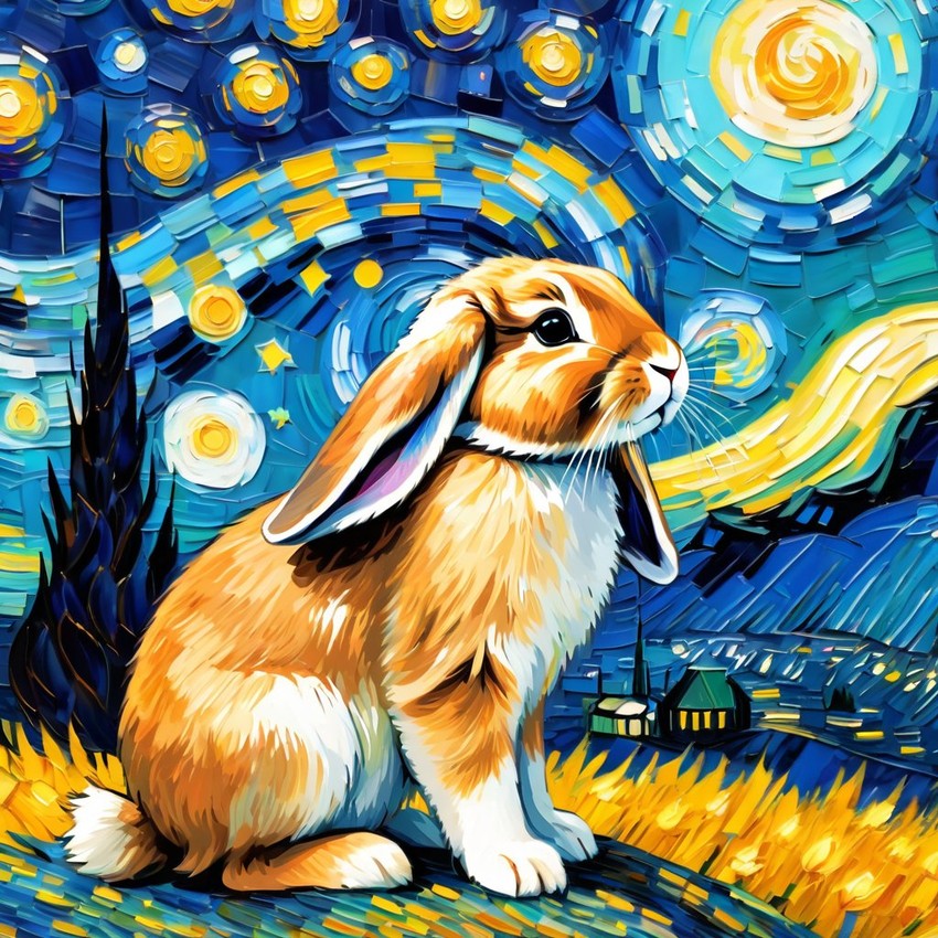 mini lop rabbit by van gogh, featuring starry night brush strokes, capturing a cute and happy expression.