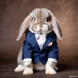 mini lop rabbit in a stylish suit, posing against a diffused background, looking cute and professional.