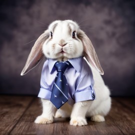 mini lop rabbit in a stylish shirt and tie, with a diffused background, capturing their cute and professional side.