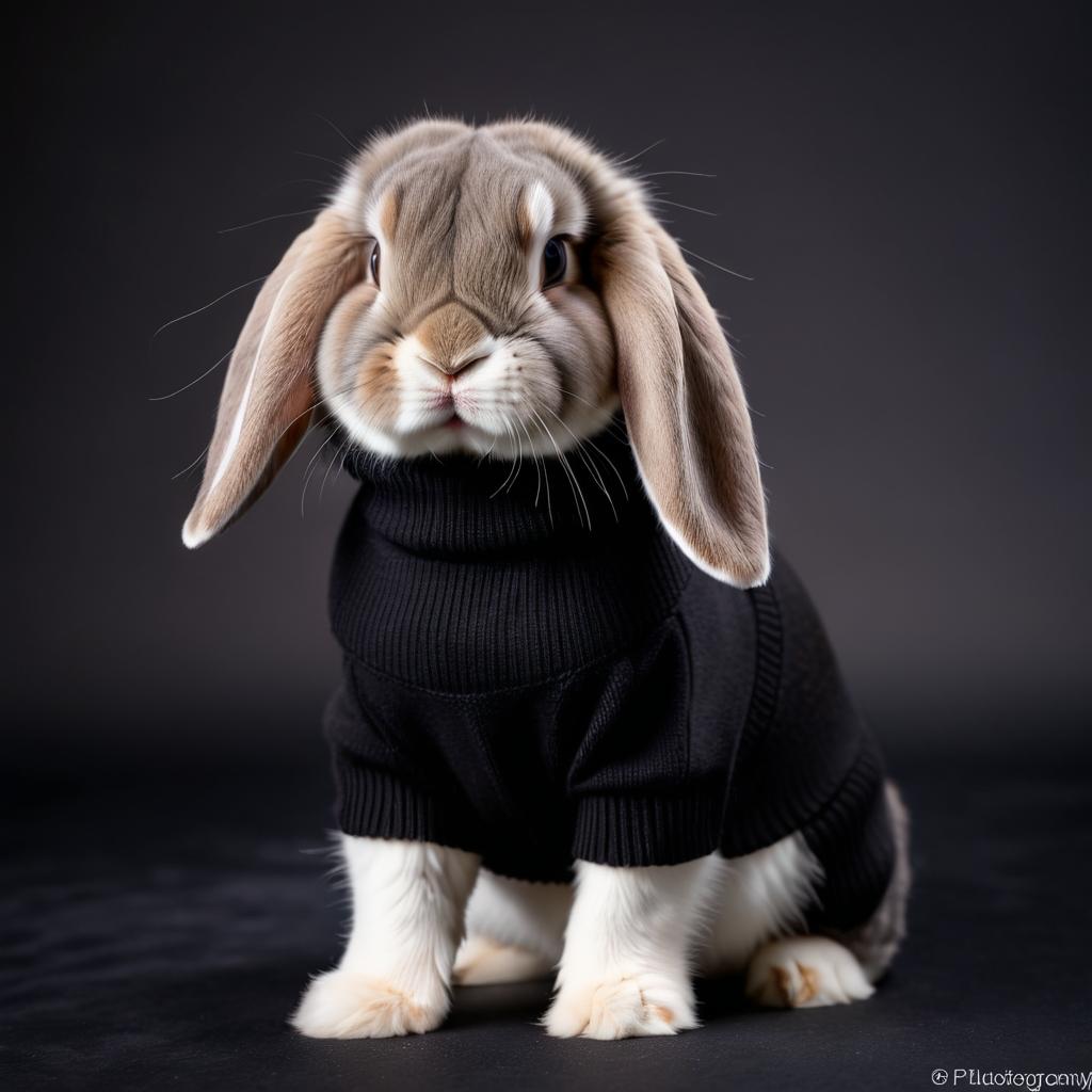 mini lop rabbit in a black turtleneck, against a diffused background, looking cute and elegant.