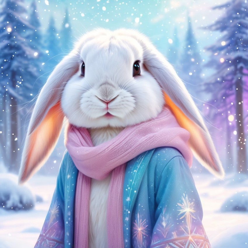 mini lop rabbit in a winter scene, wearing stylish winter clothing, looking cute and happy.