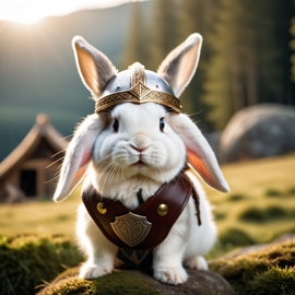 mini lop rabbit as a viking, wearing traditional armor and helmet, set in a detailed viking environment.