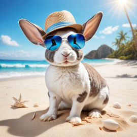 mini rex rabbit on a beach with white sand and blue sea, wearing sunglasses and summer hat.