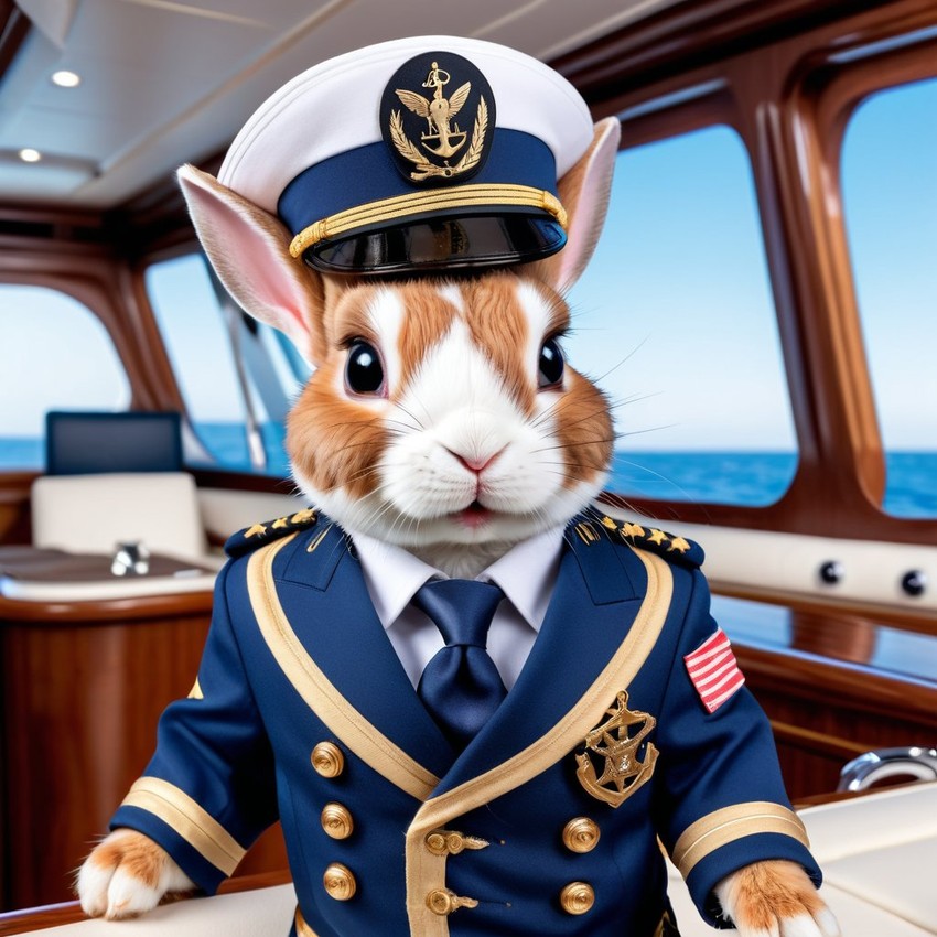 mini rex rabbit as a captain on a luxury yacht, wearing captain uniform, highly detailed.