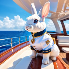 mini rex rabbit as a captain on a luxury yacht, wearing captain uniform, ethereal and majestic.