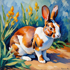 mini rex rabbit in the style of cezanne, highlighting classic brush strokes and an elegant, timeless look.