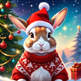 mini rex rabbit in a christmas sweater and santa hat, ethereal and magical.