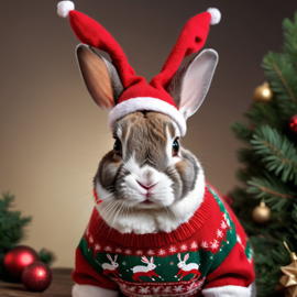 mini rex rabbit in a christmas sweater and santa hat, lifelike and festive.