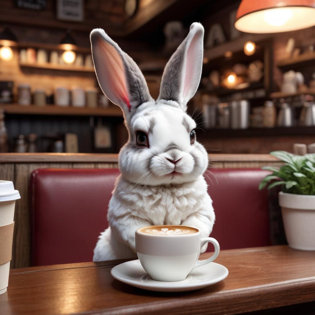 mini rex rabbit sitting in a cozy coffee shop, lifelike and detailed.