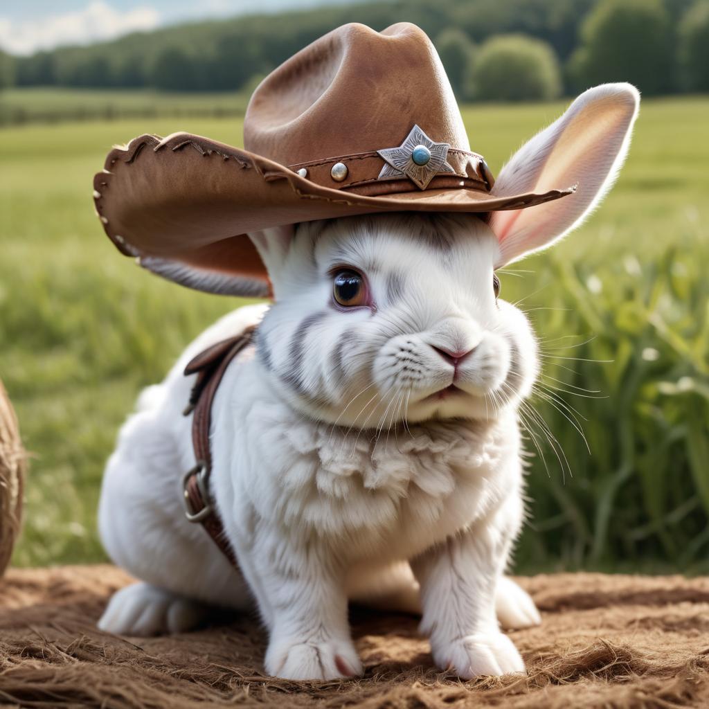 mini rex rabbit as a cowboy wearing a hat, in the midwest countryside, on a farm.