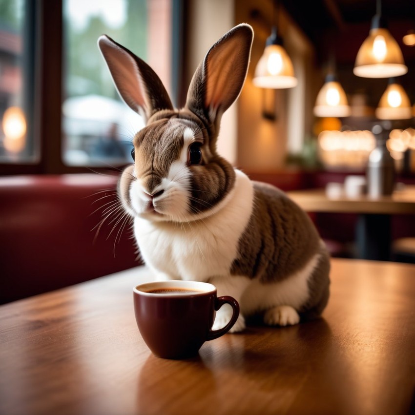 mini rex rabbit sitting in a cozy coffee shop with a cup of coffee, detailed and vibrant.