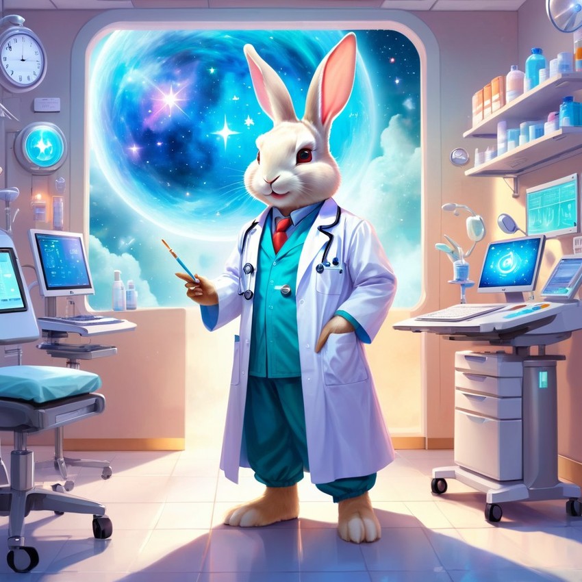 mini rex rabbit as a doctor in a magical hospital setting, ethereal and dreamy with celestial details.