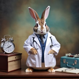 mini rex rabbit as a doctor with extreme detail in a studio setting, lifelike and high resolution.