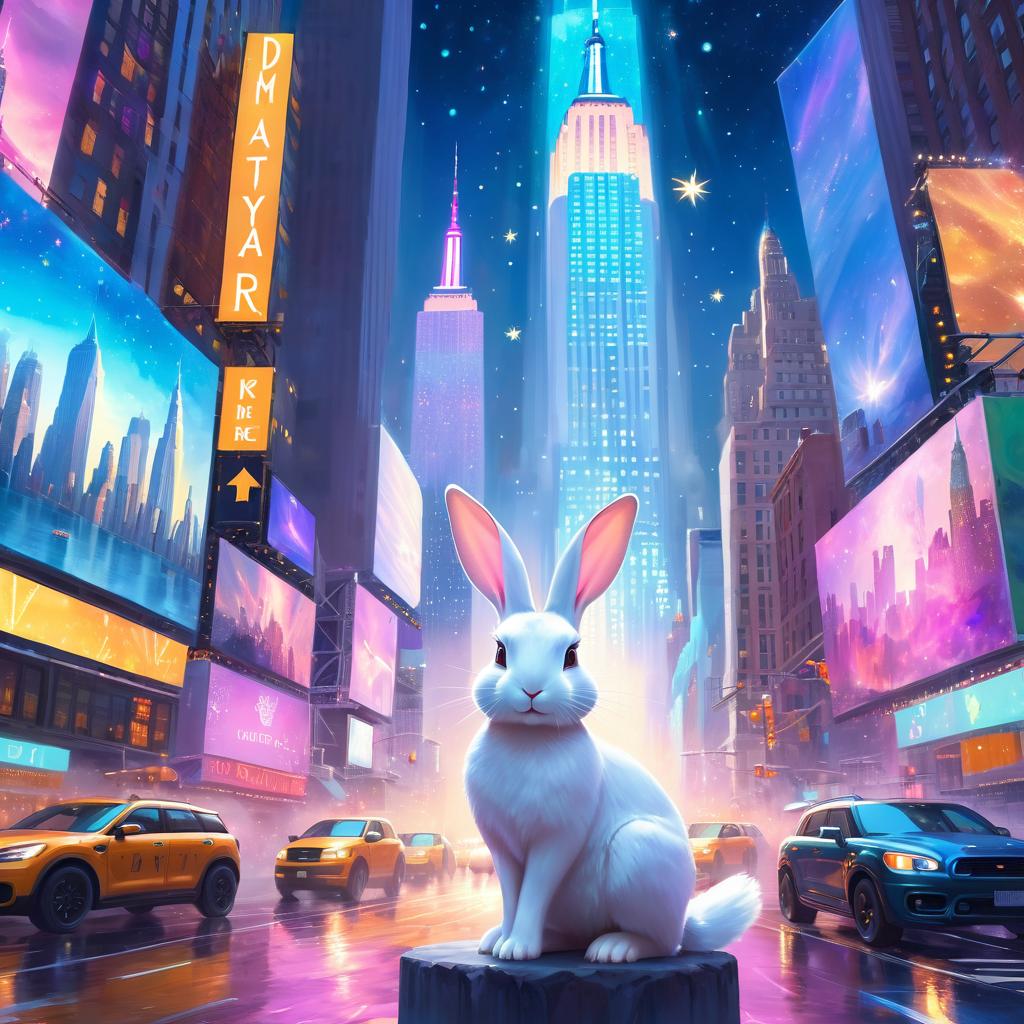 mini rex rabbit in new york depicted in ethereal fantasy art, with a magical and celestial backdrop.