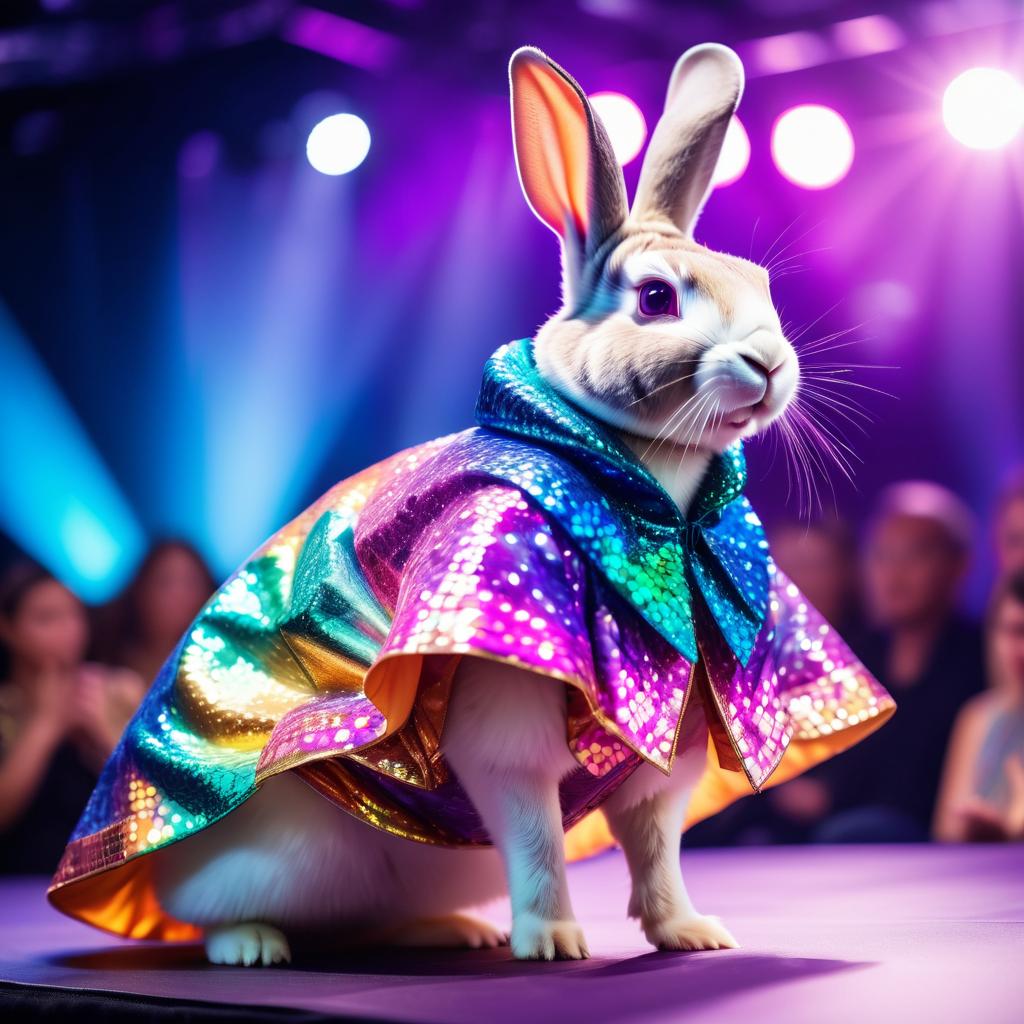 mini rex rabbit strutting down the fashion show catwalk stage in an extravagant cosmic-themed outfit with iridescent fabrics, high energy and extravagant.