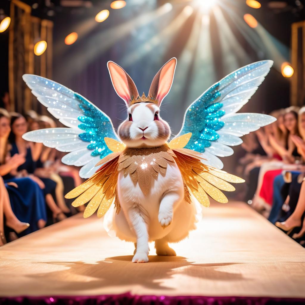 mini rex rabbit strutting down the fashion show catwalk stage in a magical fairytale dress with glittering wings, high energy and magical.