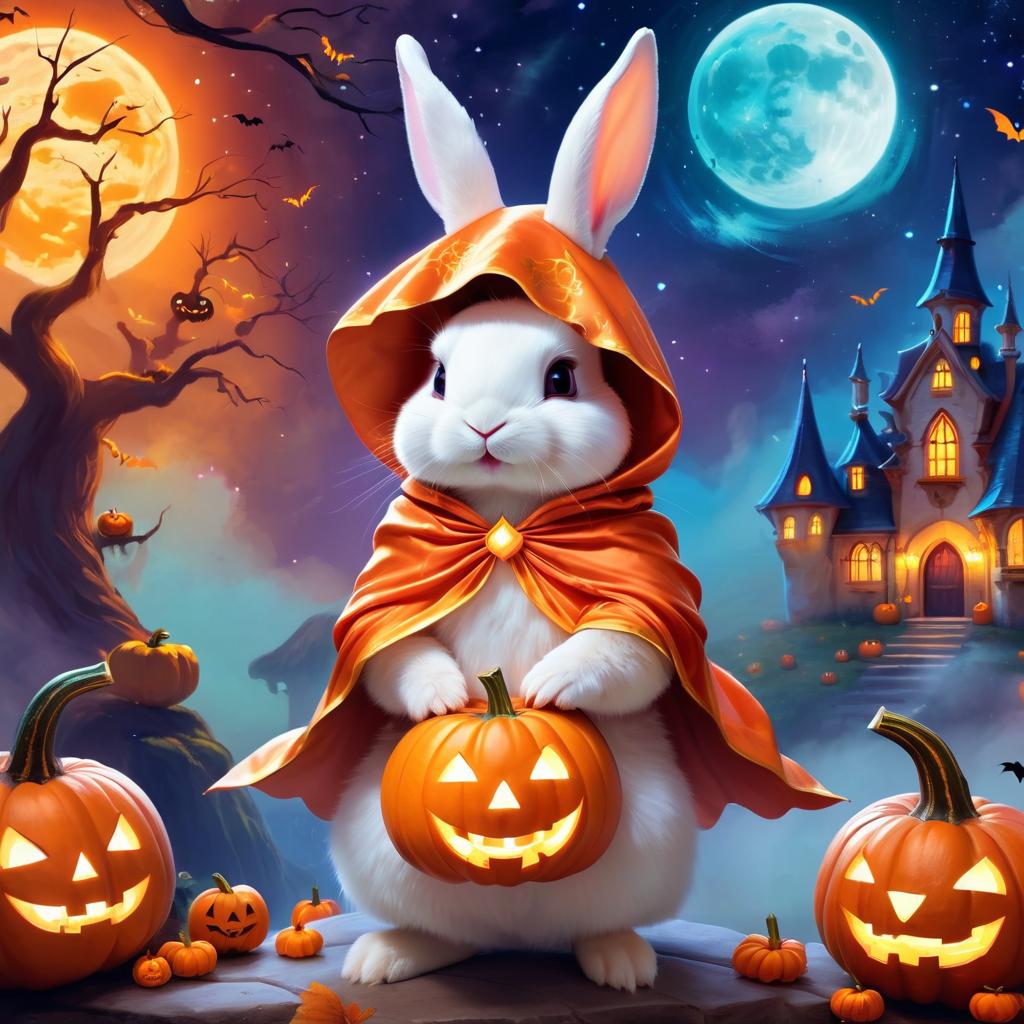 mini rex rabbit in a halloween costume, with a magical and ethereal atmosphere surrounded by pumpkins.