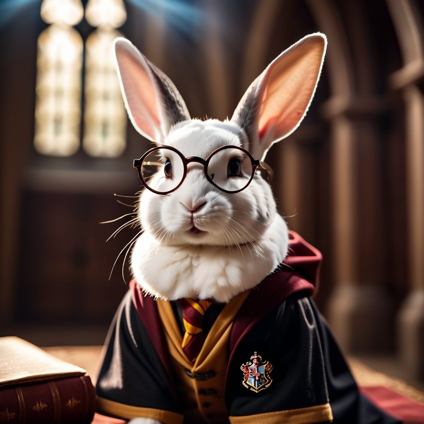 mini rex rabbit as harry potter, with glasses and hogwarts setting, capturing the magical and epic essence.