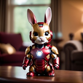 mini rex rabbit as iron man, featuring a detailed iron man costume and a high-budget movie scene.