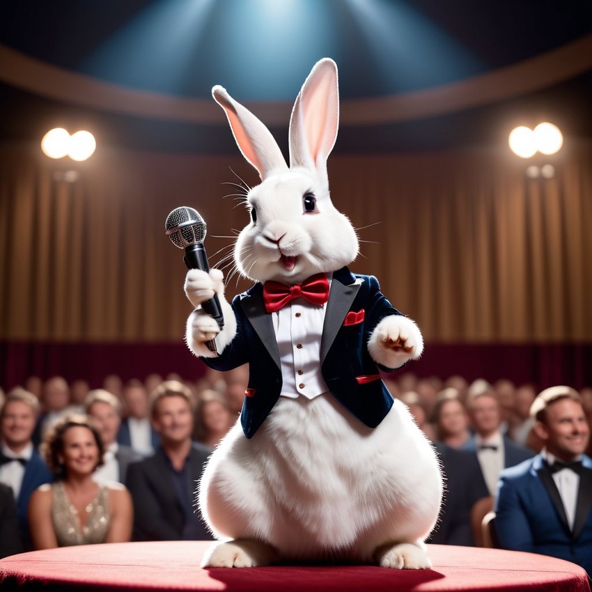 mini rex rabbit as a keynote speaker on stage, dressed elegantly, holding a microphone, exuding charisma and confidence.