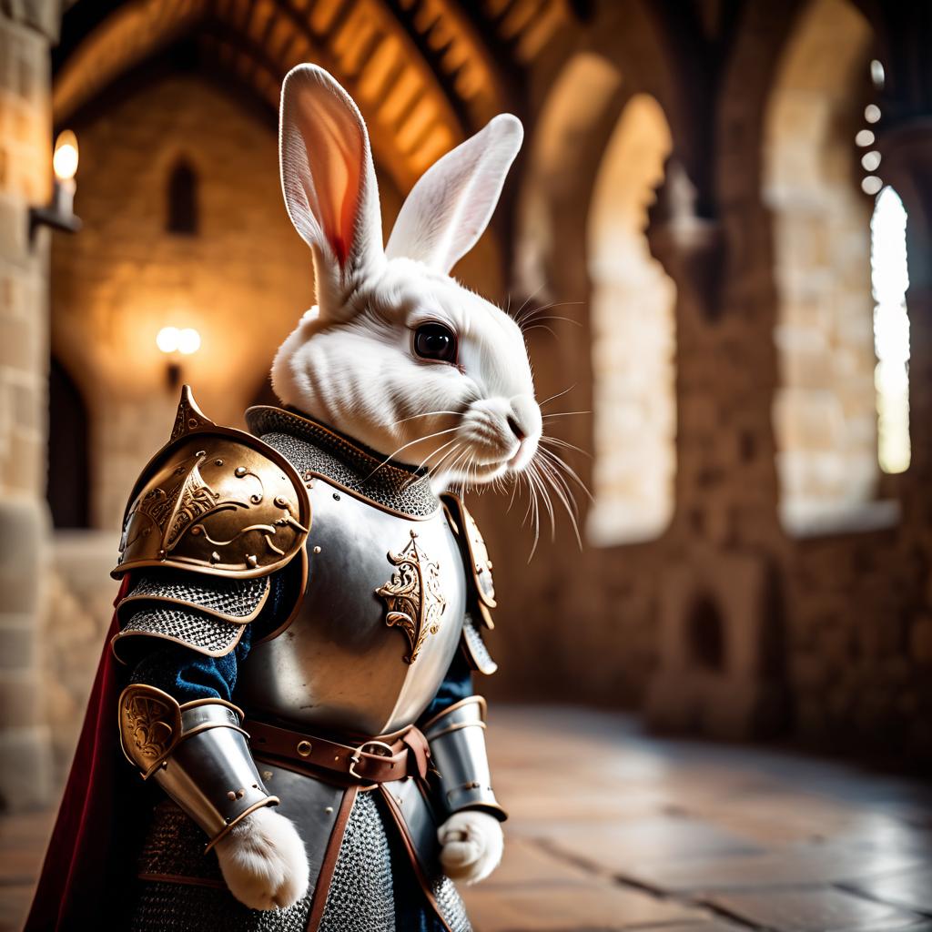 mini rex rabbit as a medieval knight in a cinematic film still, detailed armor, set in a grand medieval castle.