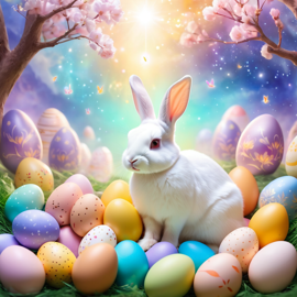 mini rex rabbit in a magical easter setting with colorful eggs, ethereal and dreamy details.