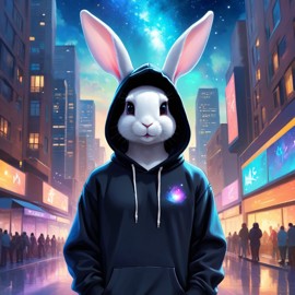 mini rex rabbit in a black hoodie, set in a magical urban environment with a celestial and cute appearance.