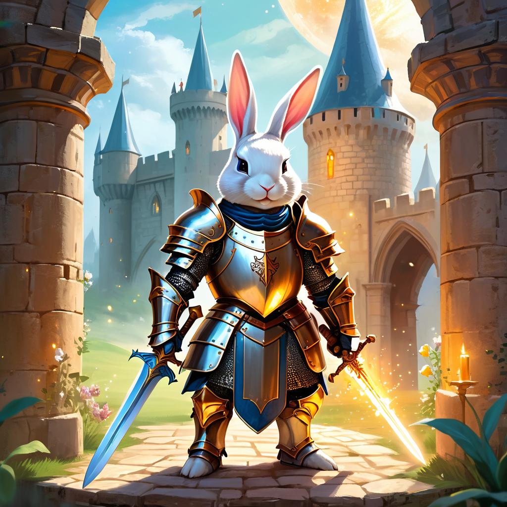 mini rex rabbit as a medieval knight in a majestic castle, ethereal and painterly style.