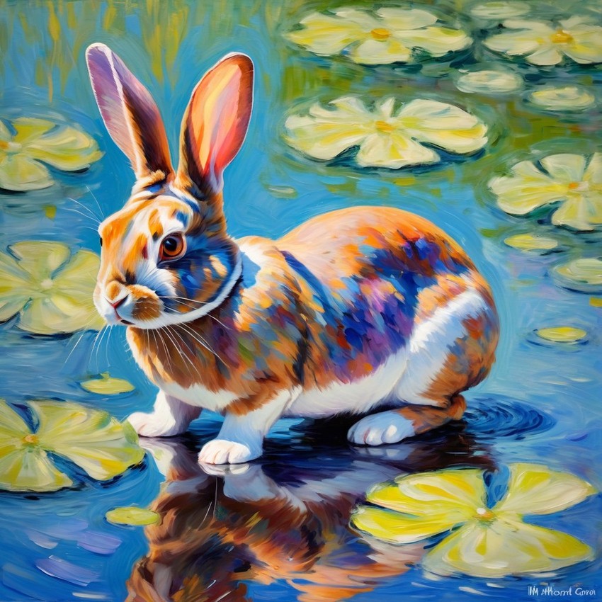 mini rex rabbit in the style of monet, featuring delicate brush strokes and a classic, artistic appearance.