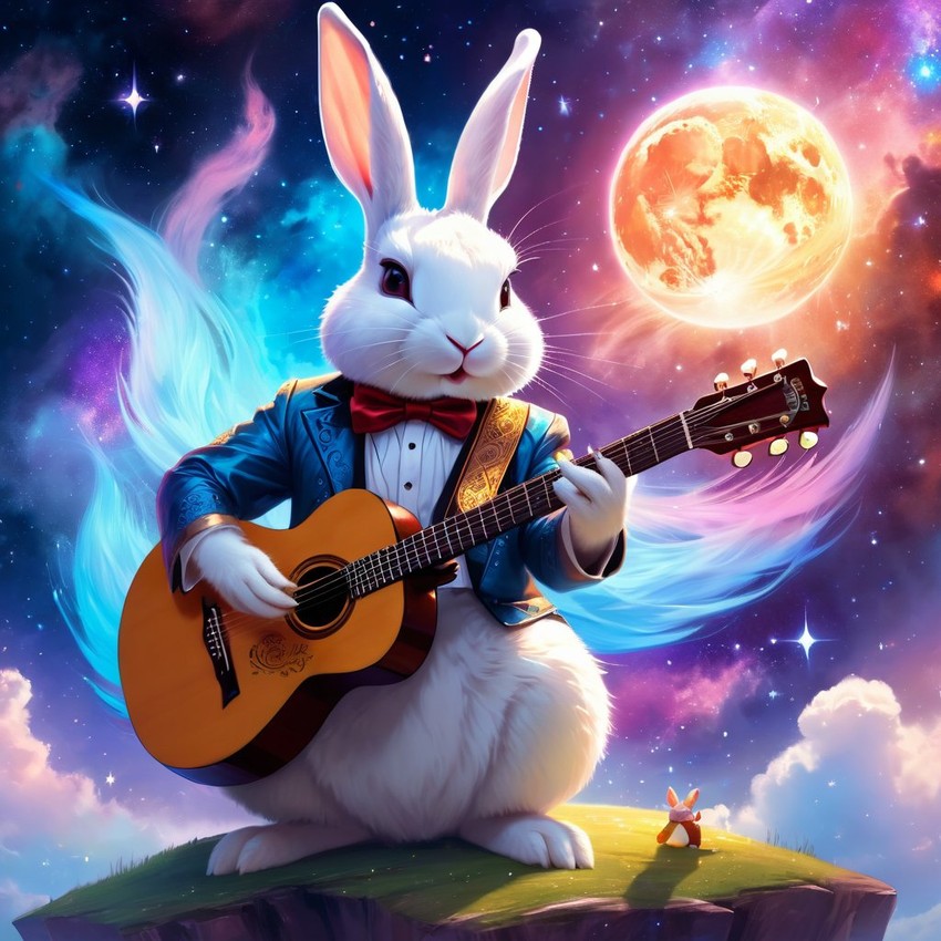 mini rex rabbit as a musician in an ethereal fantasy setting, playing guitar with a majestic and magical touch.