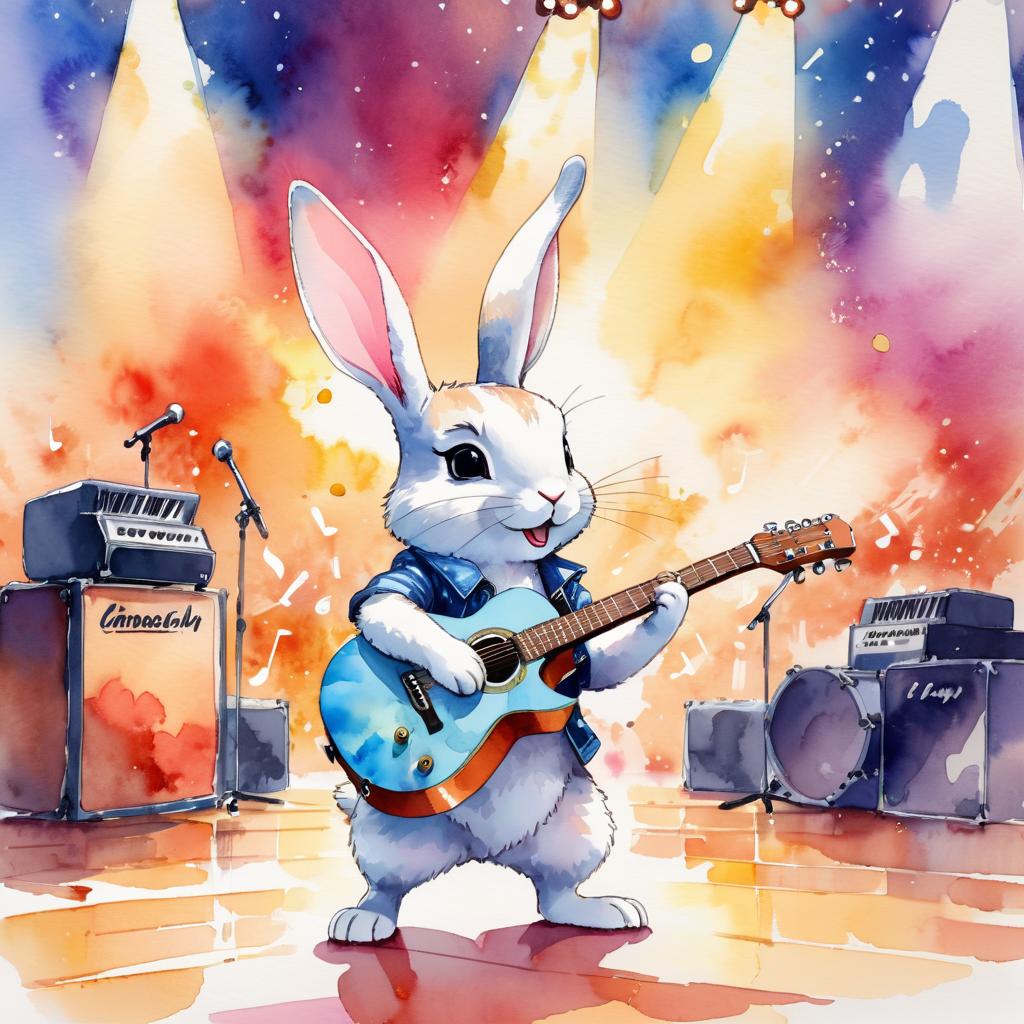 mini rex rabbit as a musician in a watercolor painting, playing guitar in a vibrant and detailed concert hall scene.