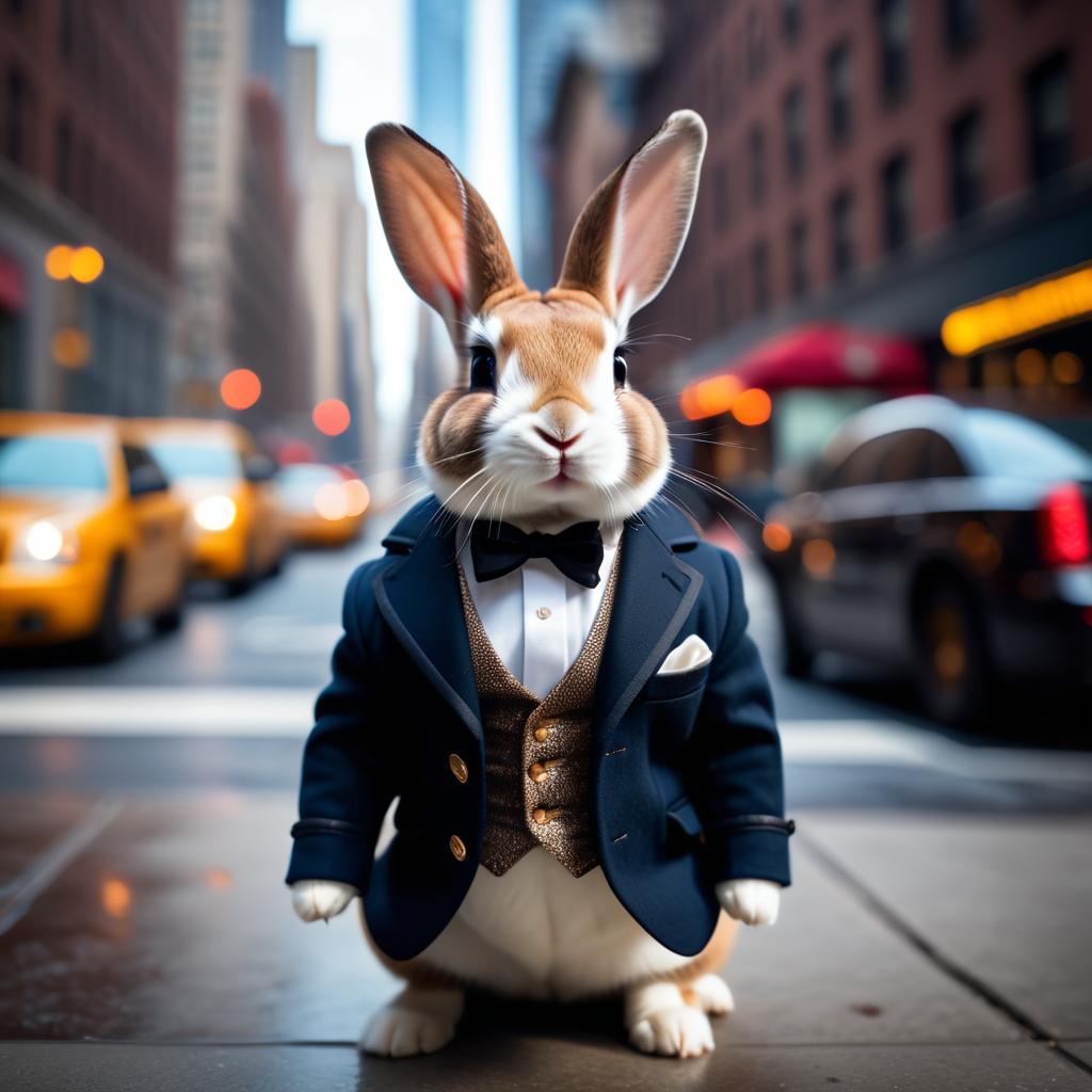 mini rex rabbit in new york, dressed in classy clothing, against an iconic nyc backdrop with a cinematic, high-detail style.