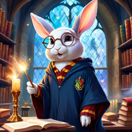 mini rex rabbit as harry potter, with glasses and a magical hogwarts setting, evoking a celestial and epic feel.