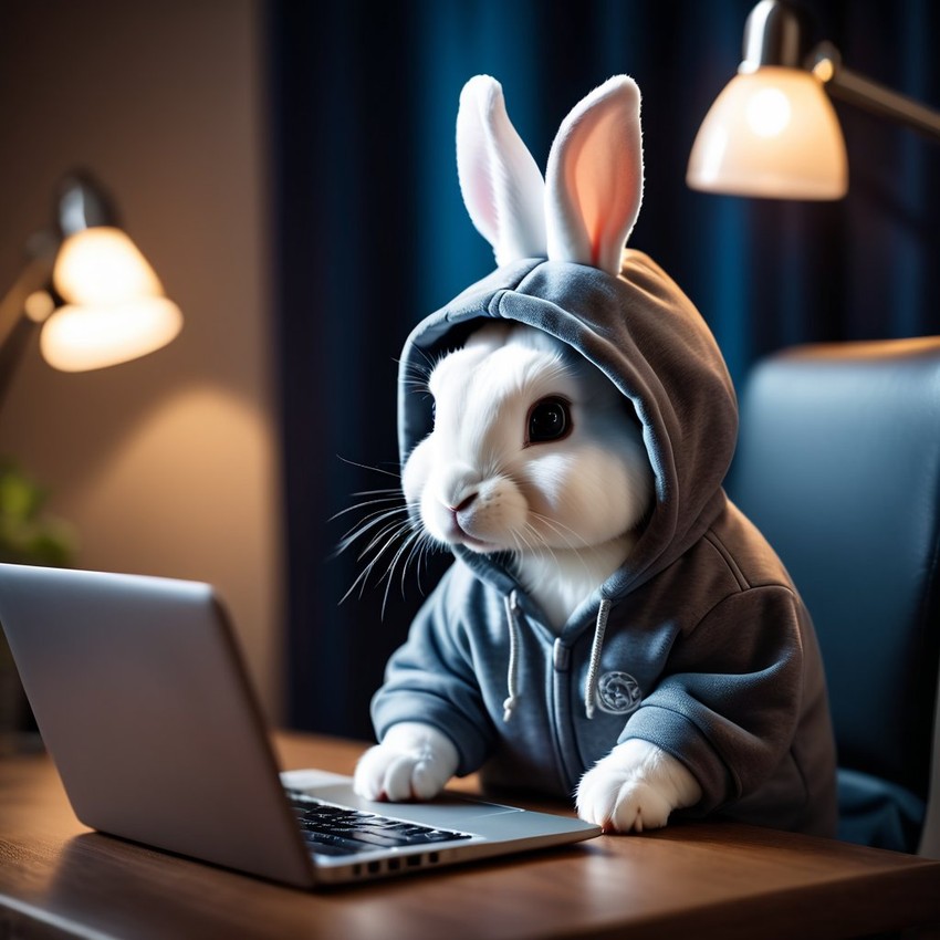 mini rex rabbit as a programmer, working on a laptop in a hoodie, capturing a cute and happy moment.