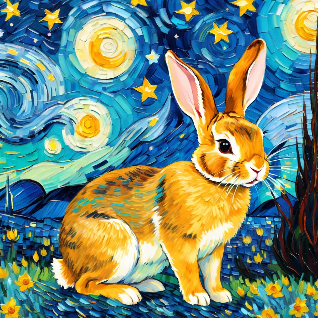 mini rex rabbit by van gogh, featuring starry night brush strokes, capturing a cute and happy expression.