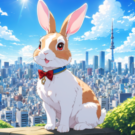 anime artwork of mini rex rabbit in tokyo on a sunny day with clear blue skies and cityscape background.