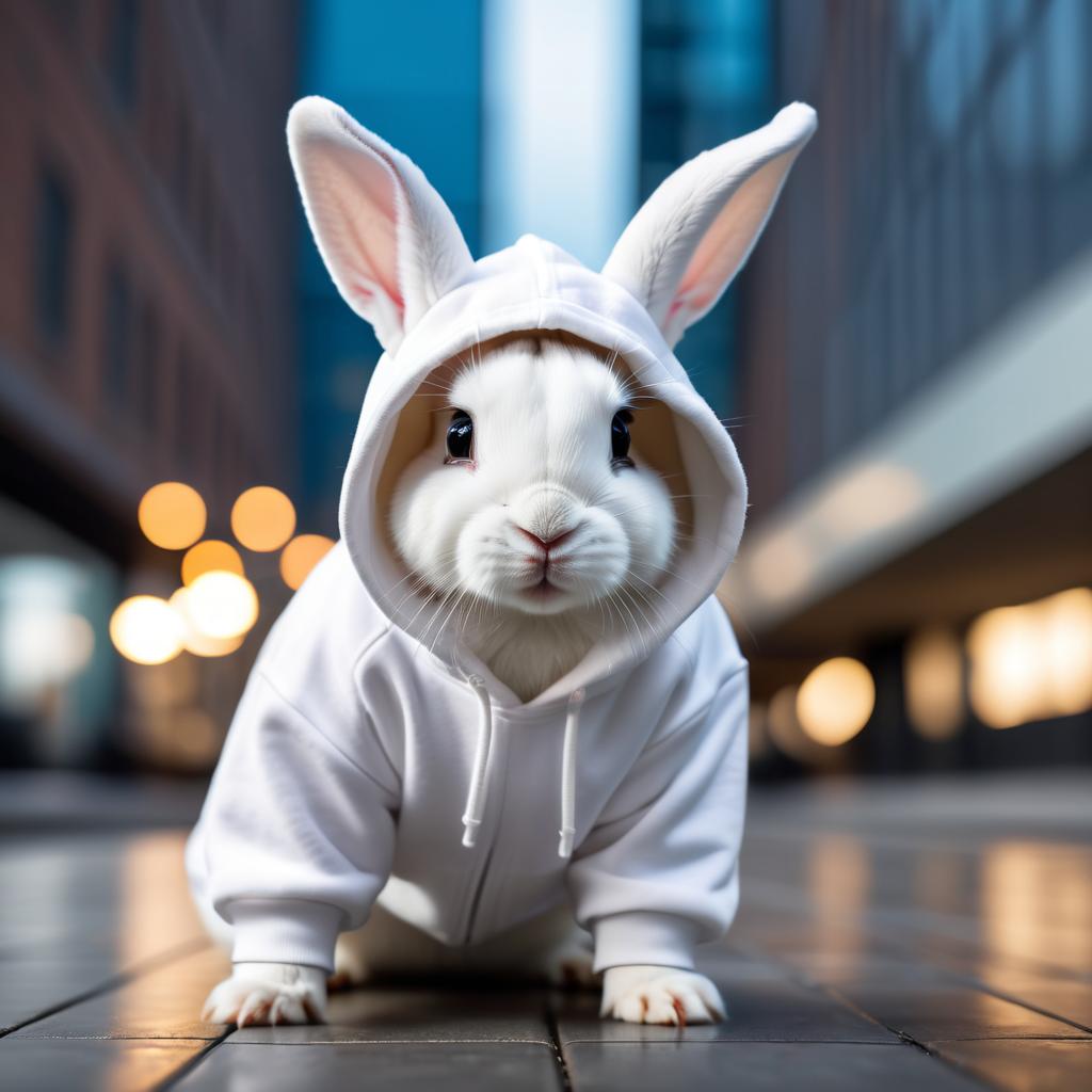 mini rex rabbit in a white hoodie, showcasing a modern urban setting with a cute and stylish look.