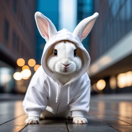 mini rex rabbit in a white hoodie, showcasing a modern urban setting with a cute and stylish look.