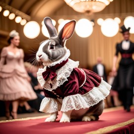 mini rex rabbit strutting down the fashion show catwalk stage in a vintage victorian outfit with lace and ruffles, high energy and majestic.