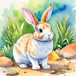 watercolor illustration of mini rex rabbit in children's book style, vibrant and detailed, drawn by don freedman.