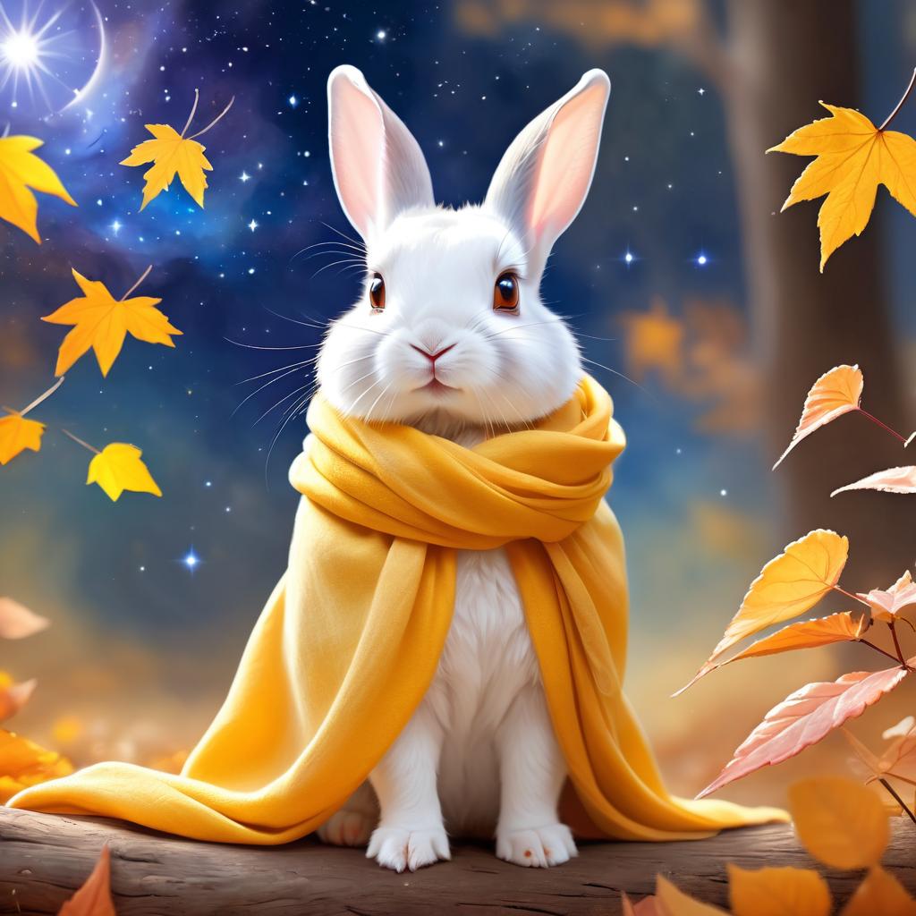 mini rex rabbit in a yellow scarf, ethereal and magical style.