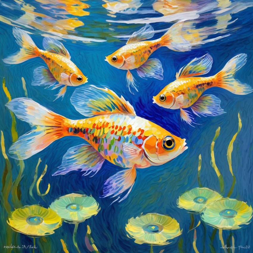 molly fish in the style of monet, featuring delicate brush strokes and a classic, artistic appearance.