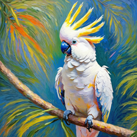 cockatoo bird in the style of monet, featuring delicate brush strokes and a classic, artistic appearance.