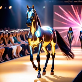 morgan horse strutting down the fashion show catwalk stage in a sleek metallic bodysuit with led accents, high energy and dramatic.