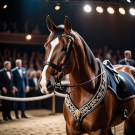 morgan horse in a classy suit on a fashion stage, showcasing elegance and charm in a highly detailed, epic scene.