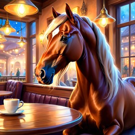 morgan horse sitting in a cozy coffee shop, ethereal and magical.