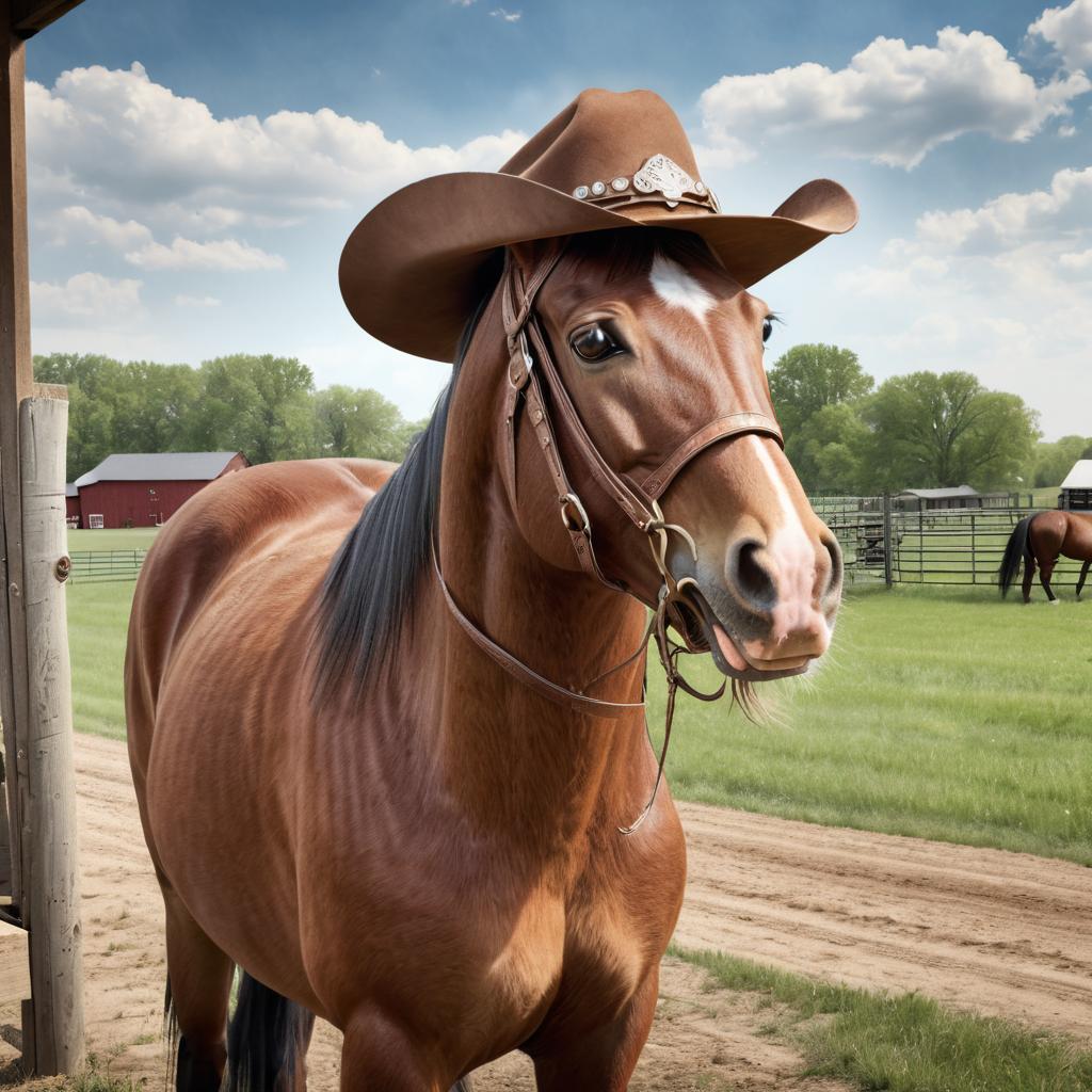 morgan horse as a cowboy wearing a hat, in the midwest countryside, on a farm.