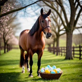 morgan horse in a beautiful easter setting with colorful eggs, highly detailed and charming.